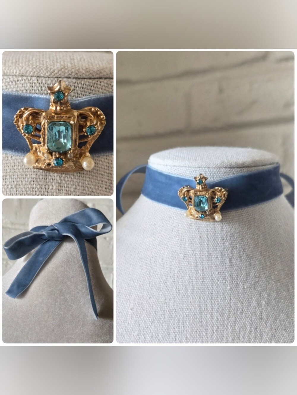 Vintage Crown Brooch Pin, Faux Pearl, Light Blue Rhinestone